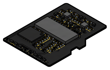 Isometric render of the top side of the C0-microSD+, showing the FPGA, the SPI flash, and the supporting passive components on a black circuit board