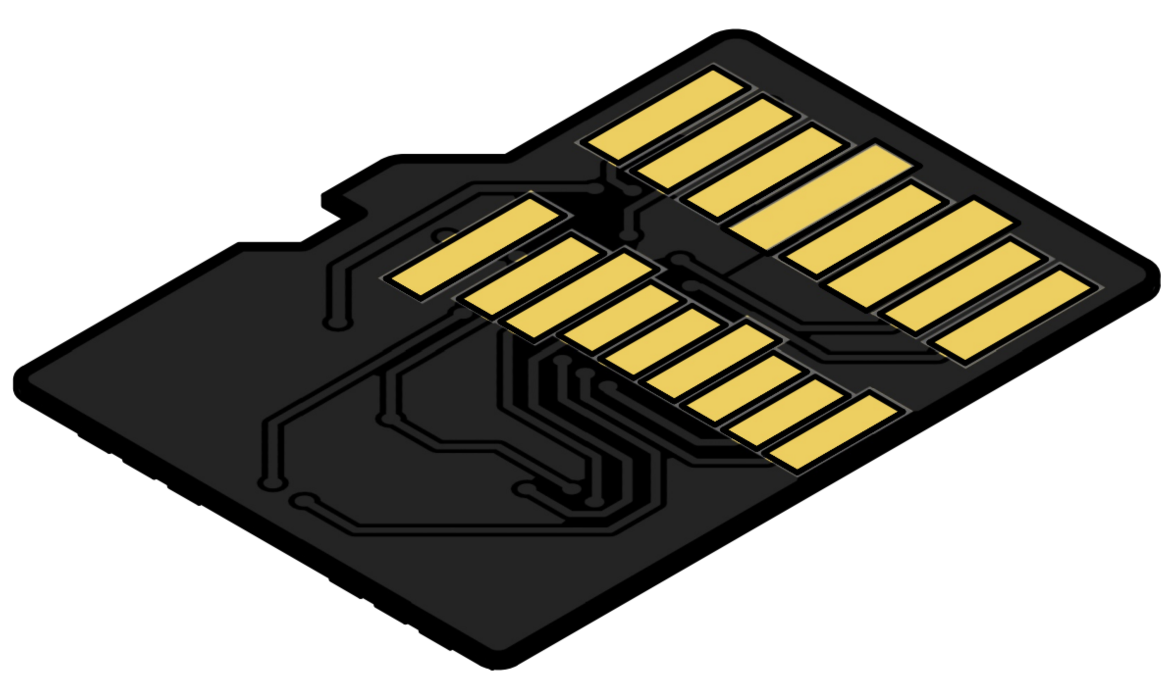 Isometric render of the bottom side of the C0-microSD+, showing the gold SD contact pads of the first row and the second pad row