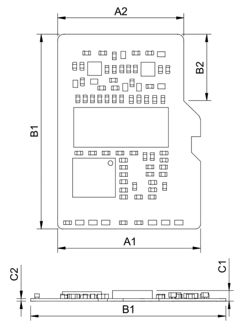 Dimensioned mechanical drawing of the C0-microSD+, with a top view labeled A1, A2, B1, and B2, and a side view labeled B1, C1, and C2