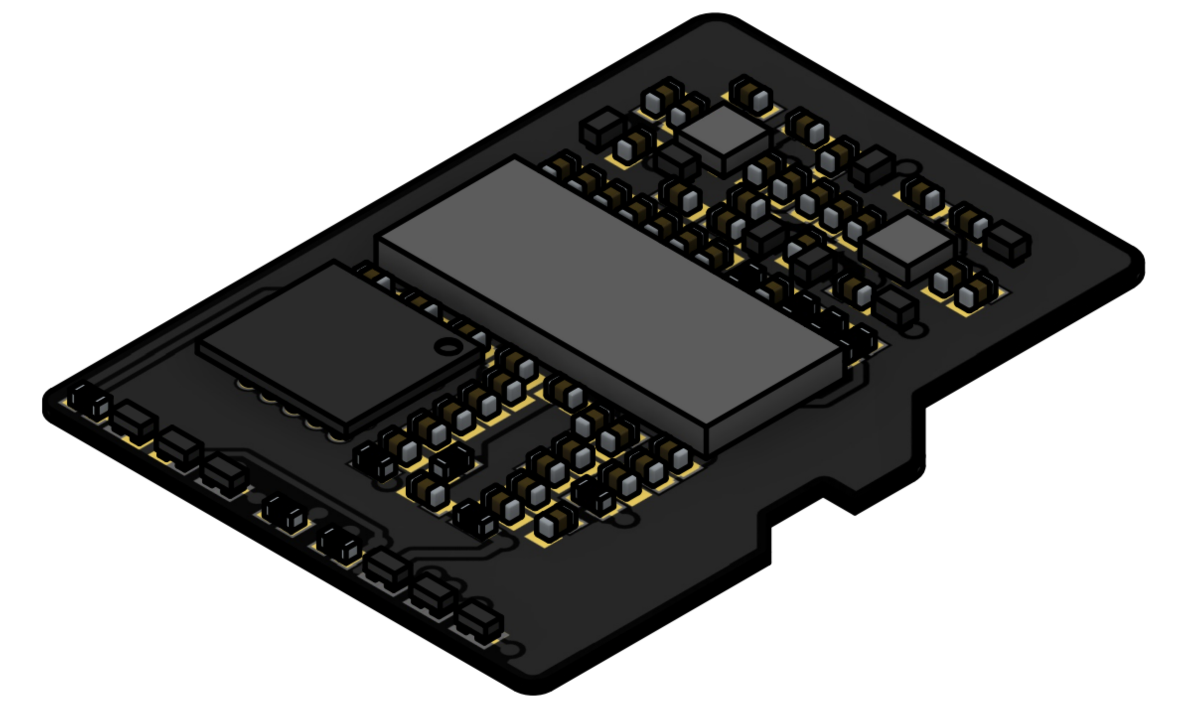 Isometric render of the top side of the C0-microSD+, showing the FPGA, the SPI flash, and the supporting passive components on a black circuit board
