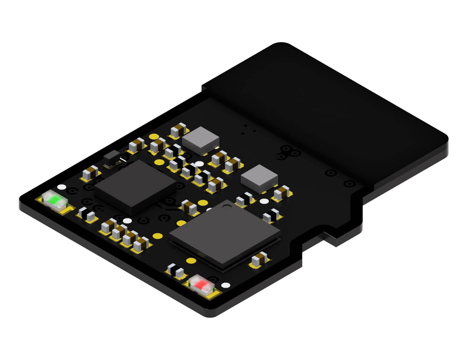 Isometric render of the top side of the C0-microSD, showing the FPGA, the SPI flash, and the supporting passive components on a black circuit board