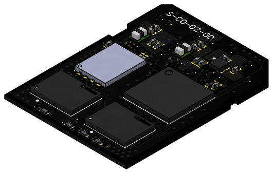 Isometric render of the top side of the C0-SD, showing the FPGA, the SPI flash, the HyperRAM, and the supporting passive components on a black circuit board